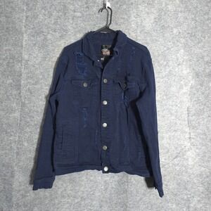 Copper Rivet Distressed Denim Jacket Mens XL Navy Blue Ripped Trucker Stretch